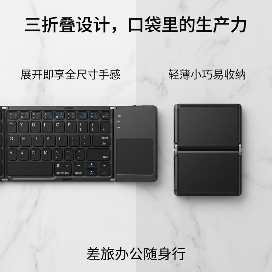 折叠式蓝牙键盘在桌面上的展开与折叠状态对比，配有中文说明文字“三折叠设计，口袋里的生产力”。