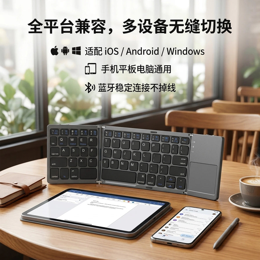 折叠键盘与平板电脑、手机在咖啡馆桌面上的连接使用场景，配有中文说明“全平台兼容”。
