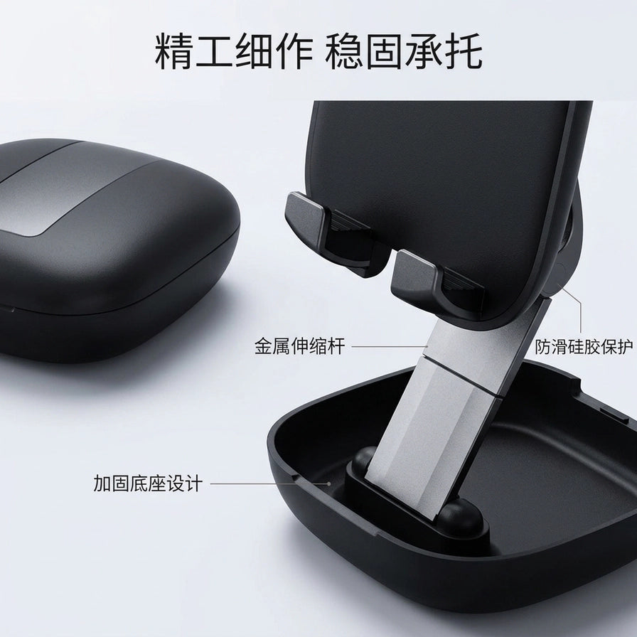 手机支架细节特写，带有中文标注：金属伸缩杆、防滑硅胶保护、加固底座设计。