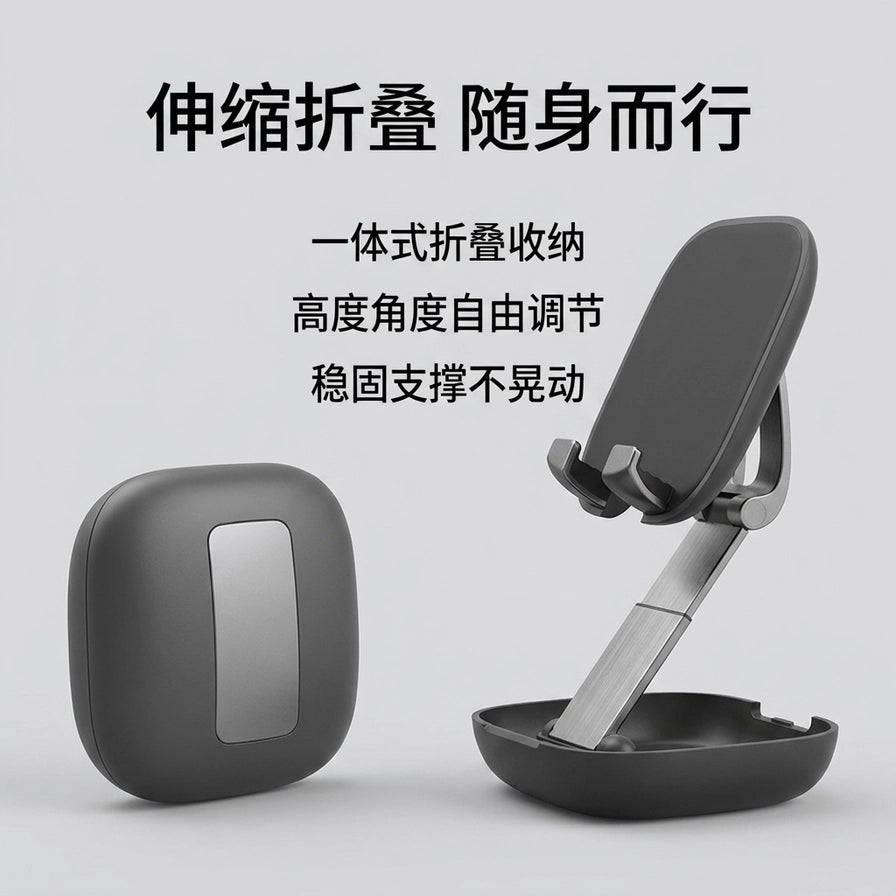 桌面手机支架展示图，上方配有“伸缩折叠 随身而行”等中文卖点文字，展示一体式收纳与高度调节功能。
