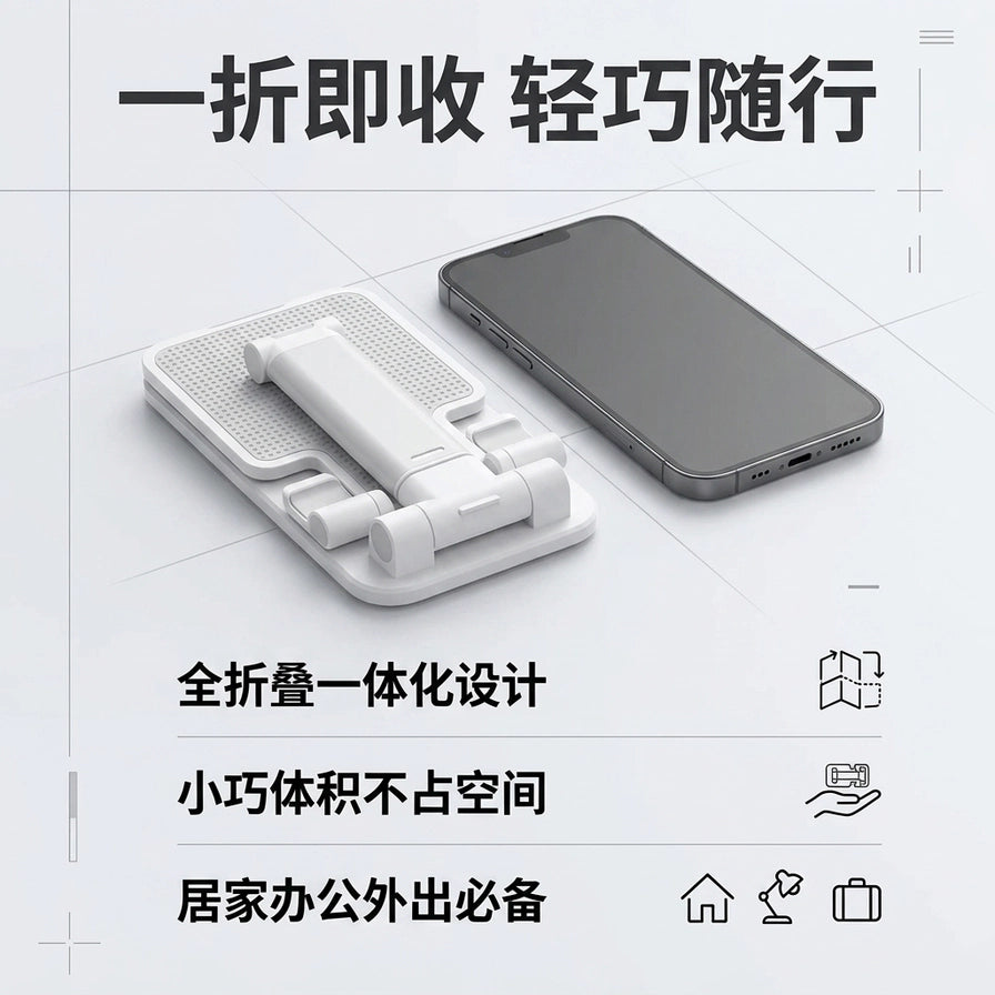 白色折叠支架与手机并排摆放，上方配有“一折即收 轻巧随行”中文卖点文字，强调全折叠一体化设计。