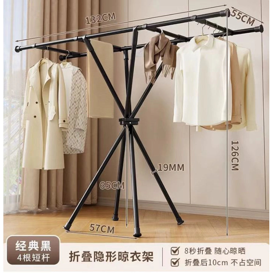黑色四横杆晾衣架在室内场景的使用展示，标注有132cm长度、126cm高度等尺寸信息