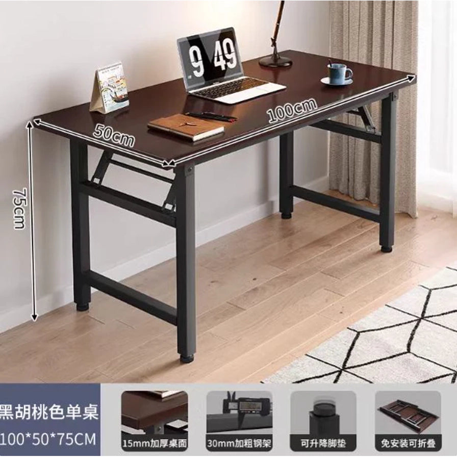 可折叠办公桌展示图，深色桌面配黑色桌架，画面标注了100cm、50cm、75cm尺寸及板材和钢架信息
