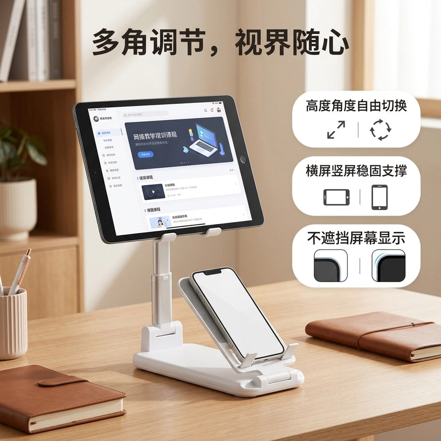 白色可折叠支架在木质桌面上的使用场景，上方支撑平板电脑，下方支撑手机，配有中文卖点说明。