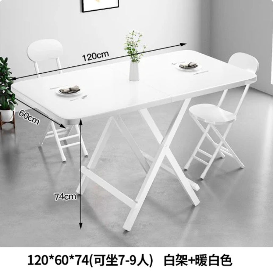 白色折叠餐桌场景图，桌面标注120cm、60cm、74cm，底部有120*60*74（可坐7 - 9人）白架+暖白色文字