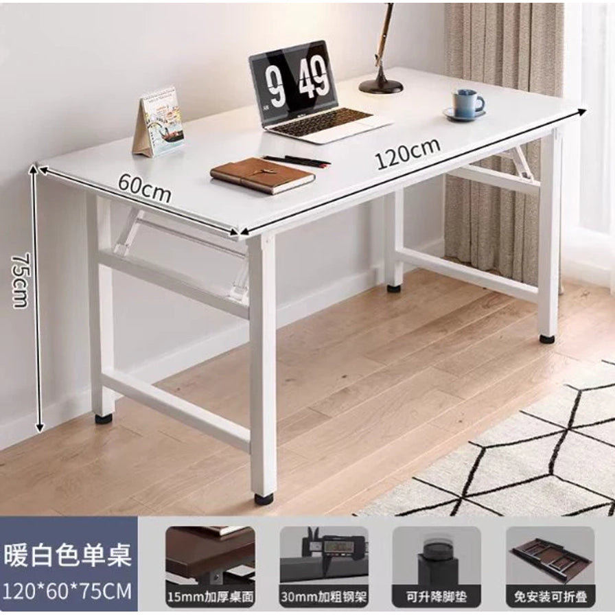 白色可折叠办公桌场景图，桌面放有笔记本电脑、杯子和书本，画面标注120cm、60cm、75cm