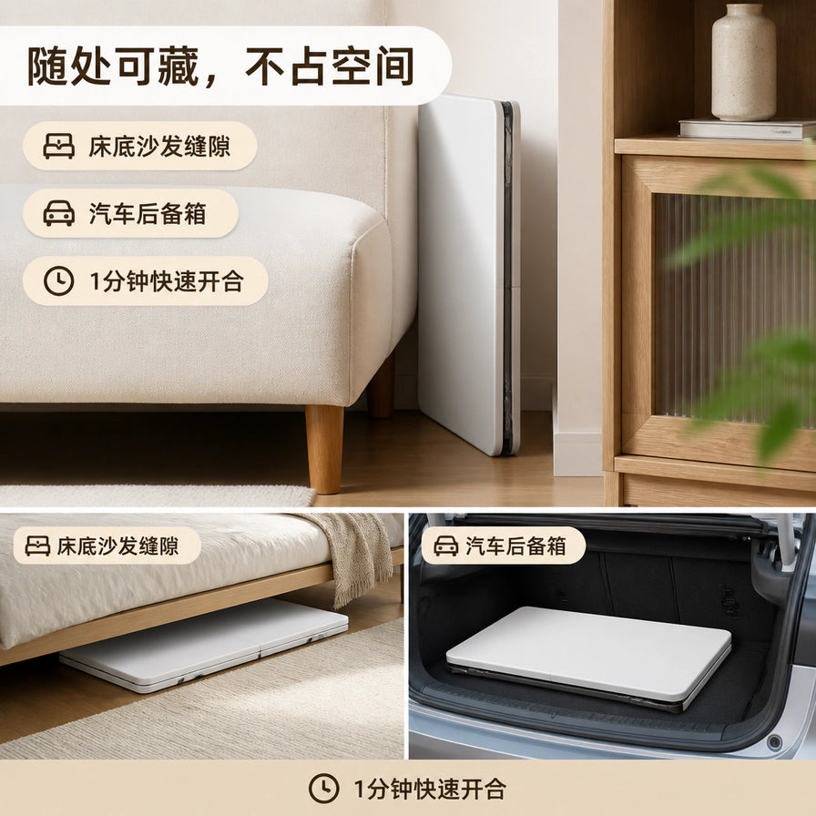折叠桌收纳在床底和汽车后备箱的场景拼图，画面含中文说明文字
