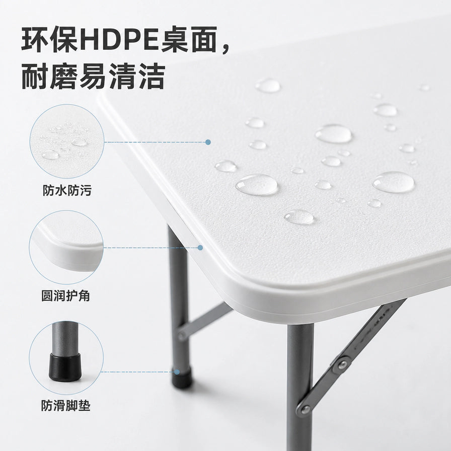 桌面防水水滴特写，画面标注环保HDPE桌面、圆润护角和防滑脚垫