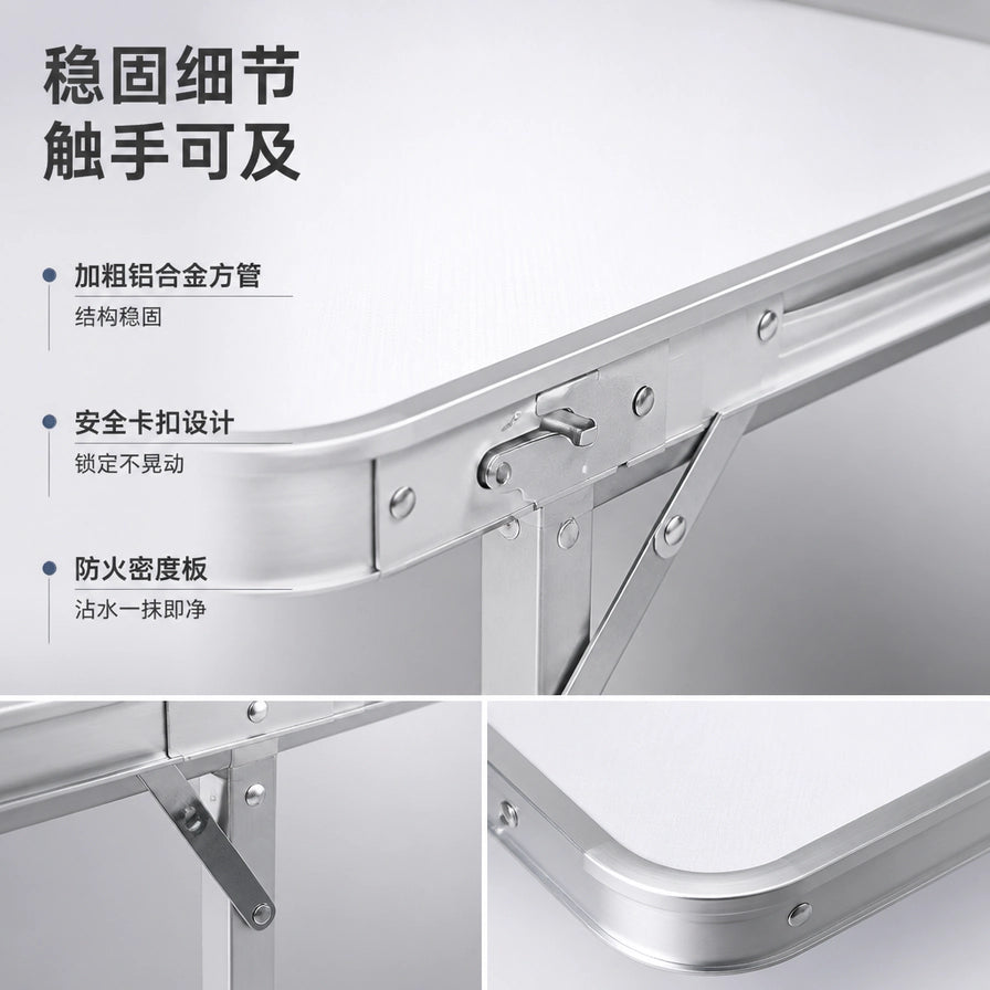 折叠桌细节特写拼图，展示铝合金框架、卡扣和桌角结构，画面含中文说明