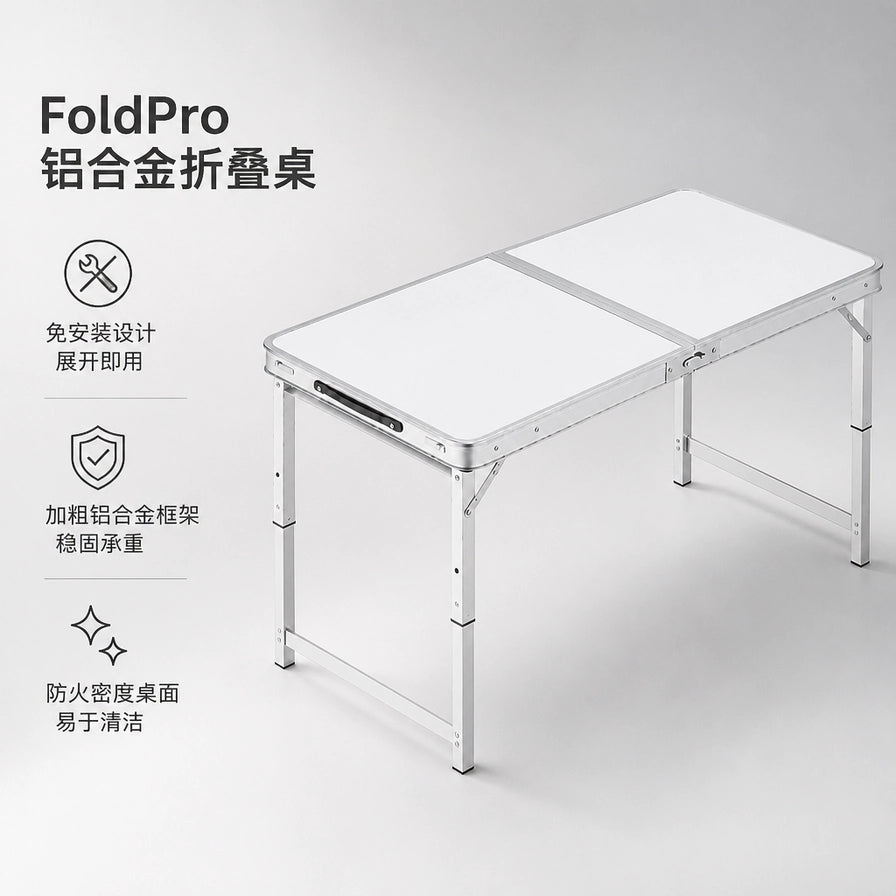 白色折叠桌宣传图，画面左侧有中文卖点文字，右侧展示展开状态桌面