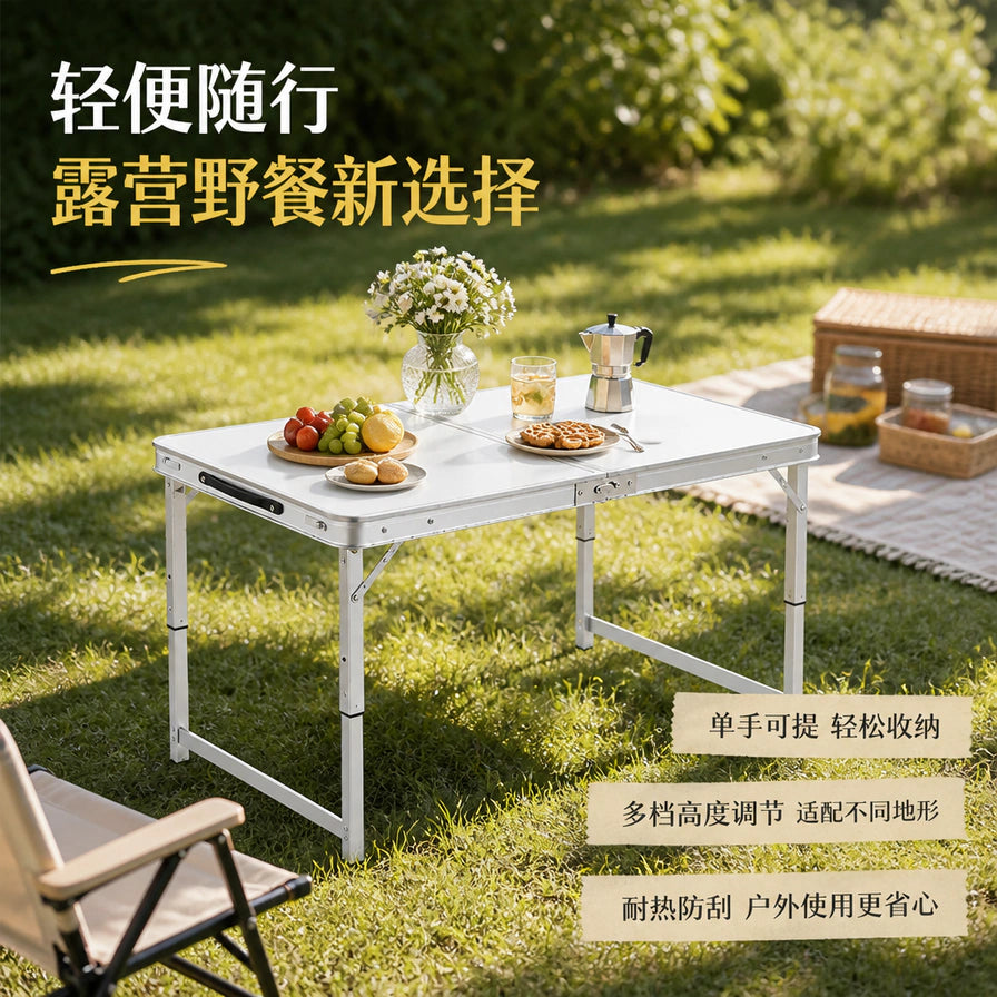 户外草地场景中的白色折叠桌，桌上摆放餐点和花瓶，画面含中文宣传文字