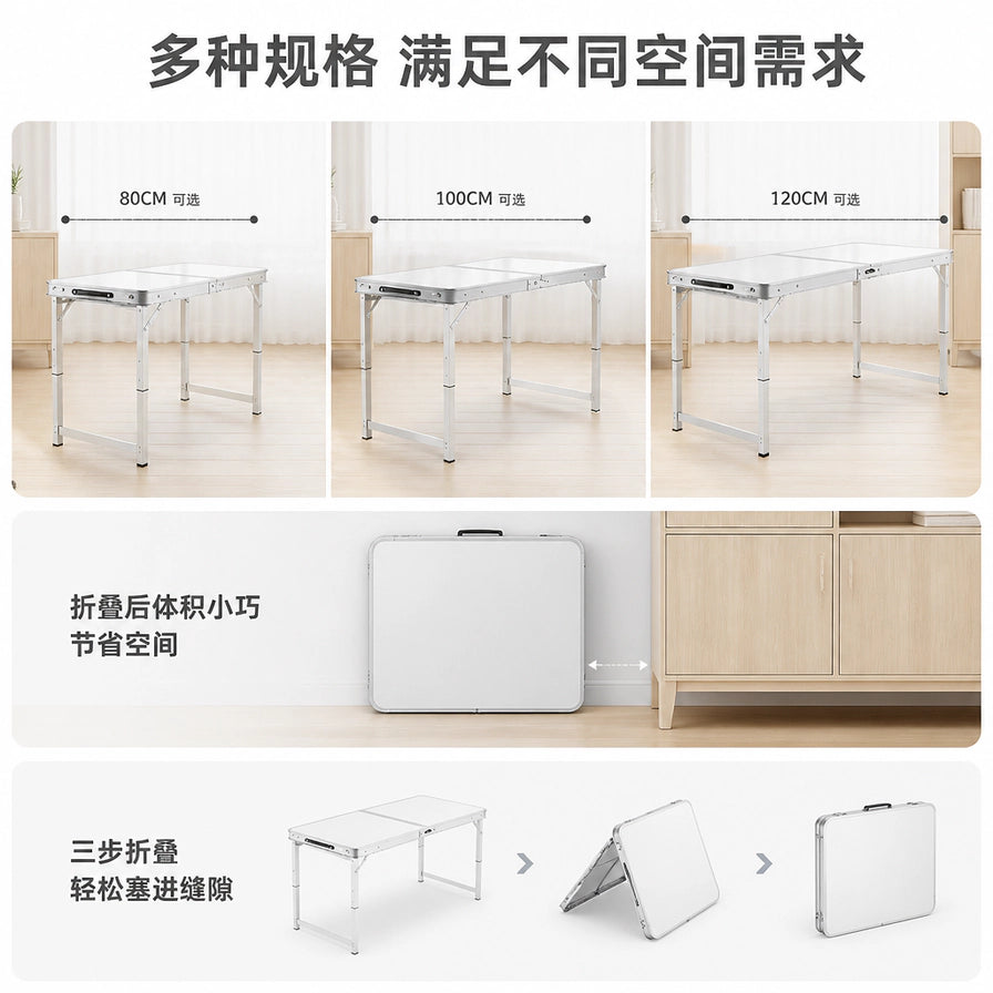 白色折叠桌多规格展示拼图，包含80CM、100CM、120CM以及折叠收纳状态，带中文说明