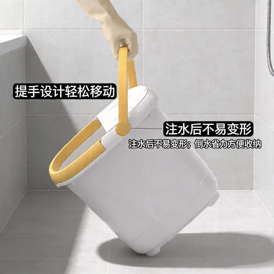 手提足浴盆展示其便携性，配有中文文字说明注水后不易变形且倒水方便。
