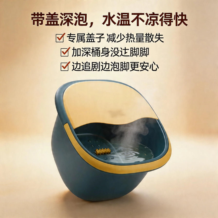 泡脚桶保温效果演示图，展示带盖深泡场景与热气，配有中文功能列表。