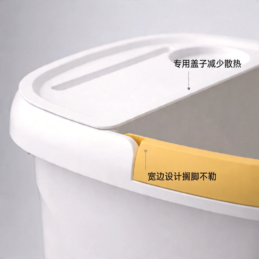 足浴盆盖子与宽边细节特写，配有中文说明文字介绍保温和舒适设计。