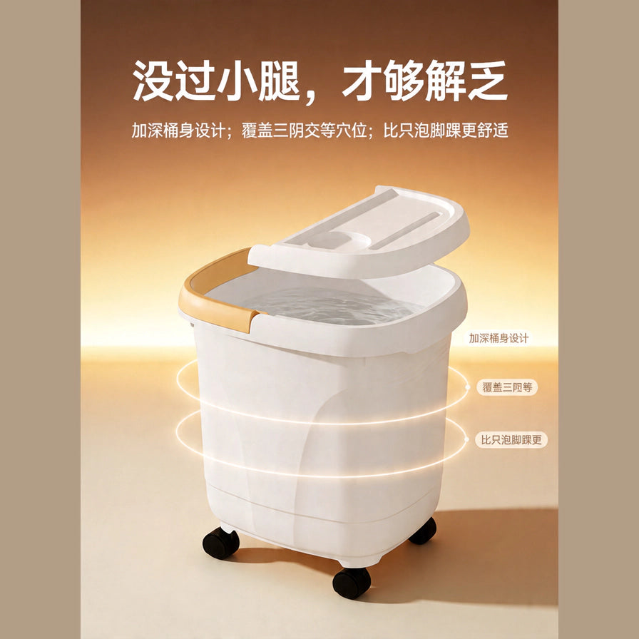 泡脚桶营销图，展示加深水位没过小腿的效果及中文卖点说明。