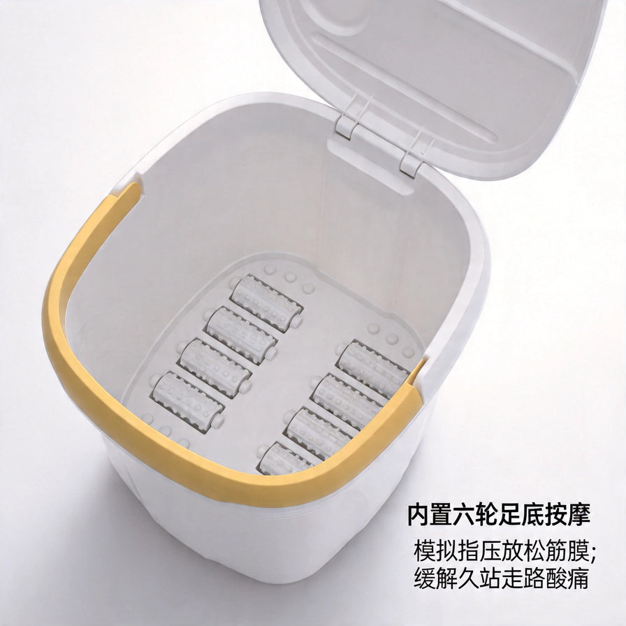 打开盖子的足浴盆内部视角，展示底部六个按摩滚轮及中文功能说明。