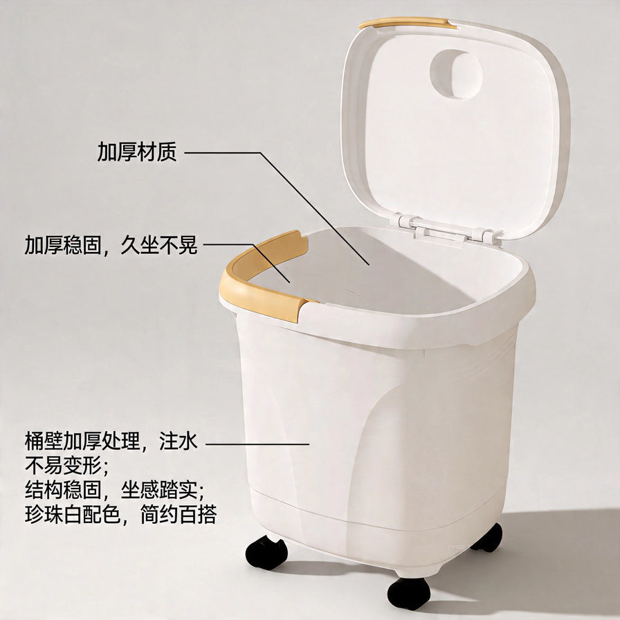 打开盖子的泡脚桶细节图，配有中文标注说明加厚材质和稳固结构。