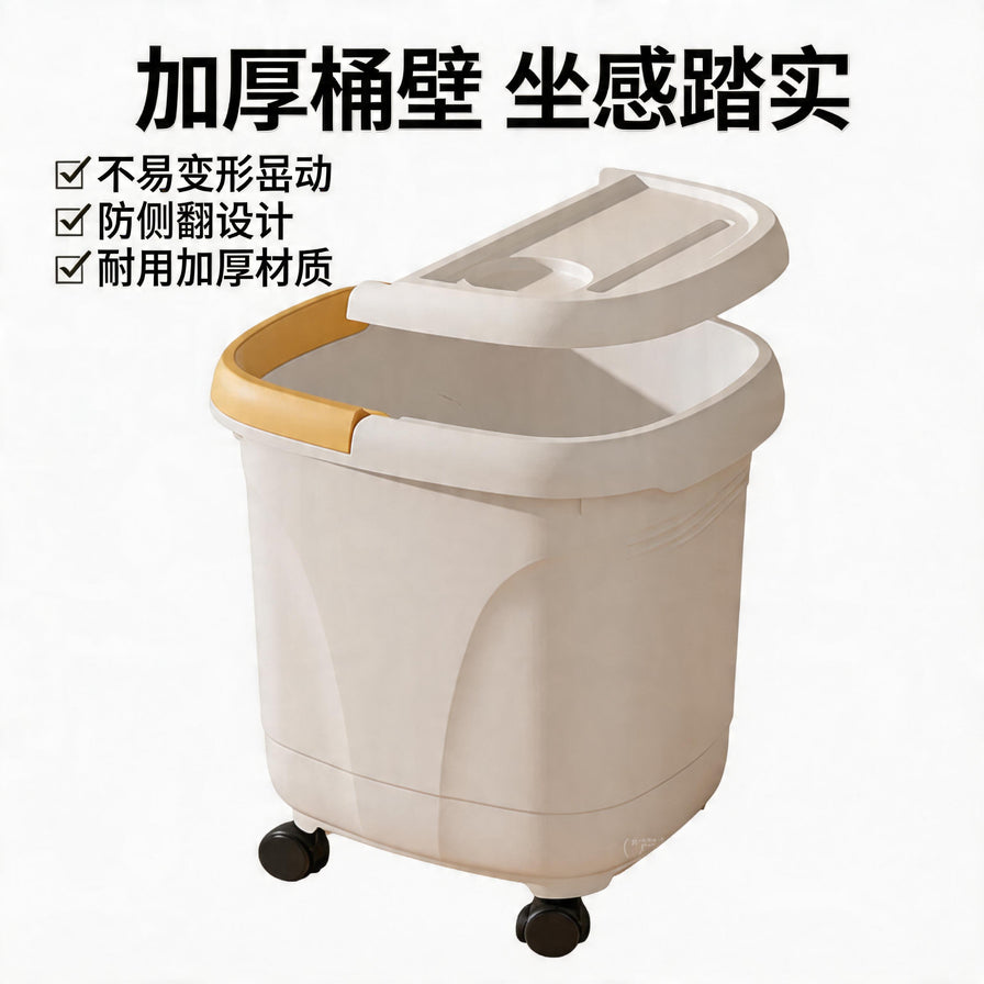 展示泡脚桶加厚桶壁和防侧翻设计的图片，配有中文卖点列表和标题。