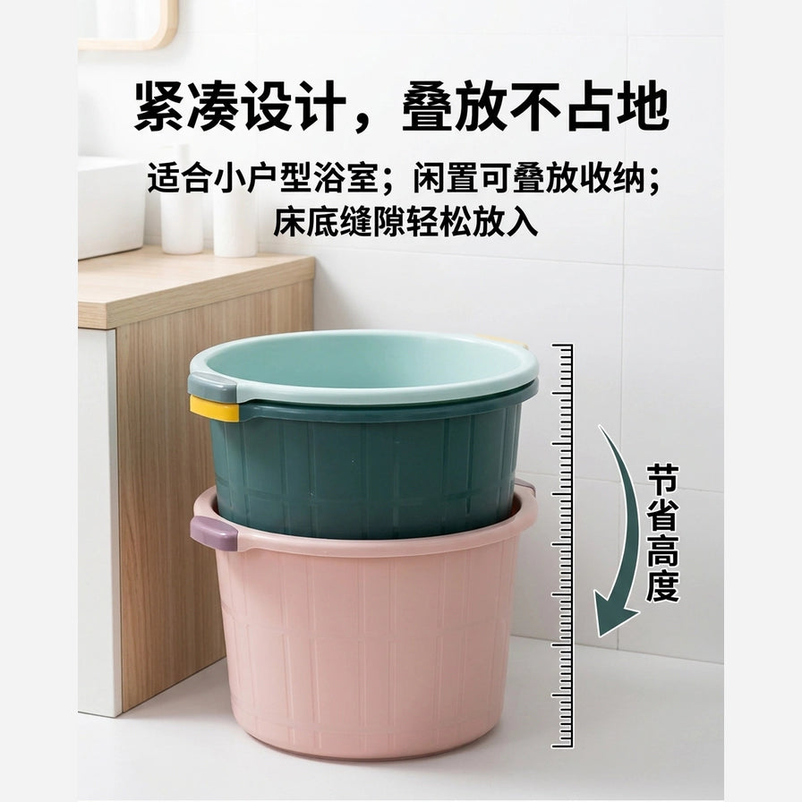 两个足浴桶叠放收纳示意图，配有中文说明文字强调节省空间。