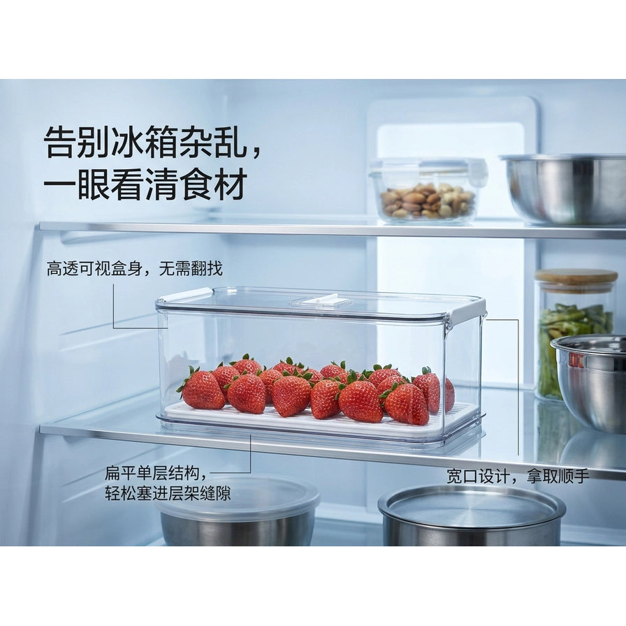 收纳盒置于冰箱层架上装满草莓，展示高透可视效果，图片包含中文标题及功能说明标注。