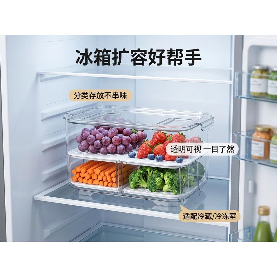 收纳盒置于冰箱内，装有葡萄、草莓和胡萝卜，配有中文卖点标签。