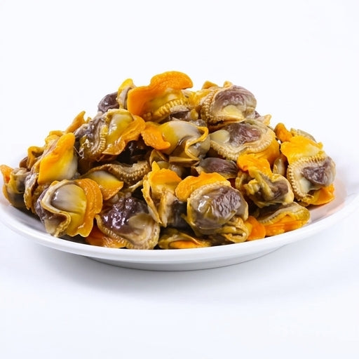 冰鲜大号毛蚶肉电商说明图，展示无沙洁净肉质与凉拌火锅食用场景