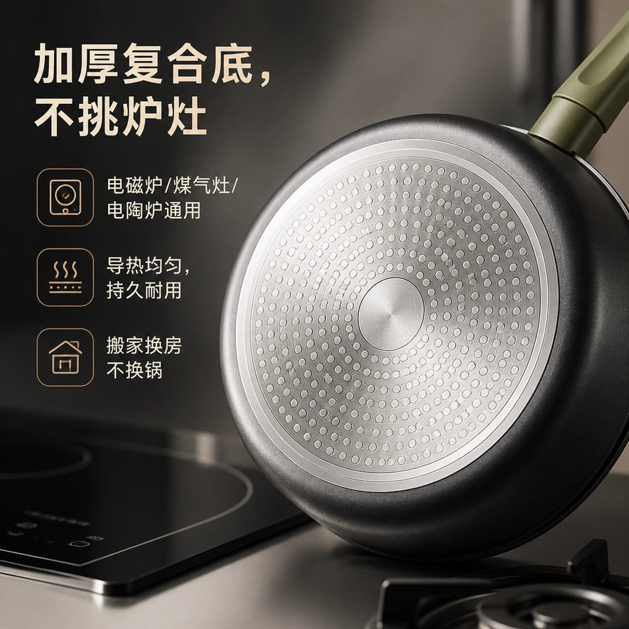 展示锅具加厚复合底部的特写图，配有不挑炉灶的说明文字。