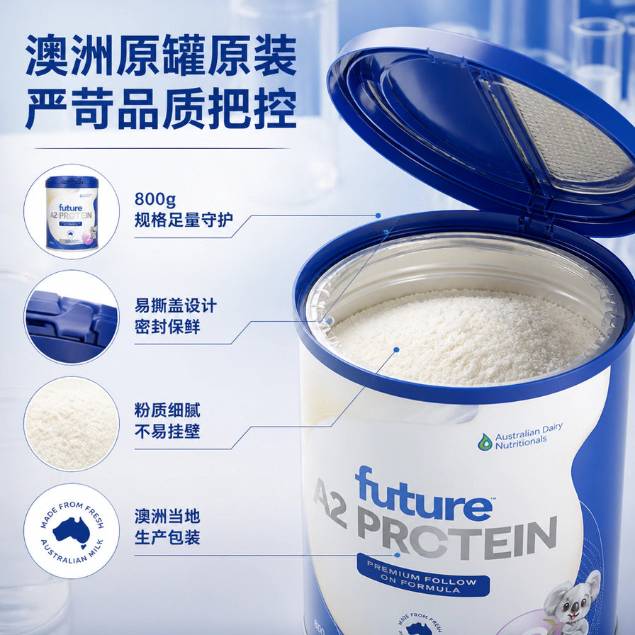 Future A2 Protein 奶粉开罐细节图，展示细腻粉质、易撕盖设计及澳洲原罐原装卖点。