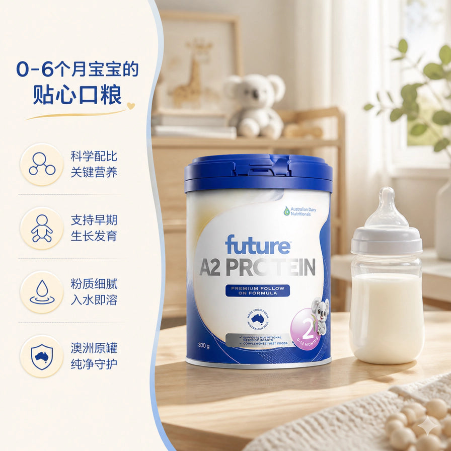 Future A2 Protein 奶粉生活场景图，奶粉罐旁放置着冲调好的奶瓶，左侧标注0 - 6个月宝宝贴心口粮。