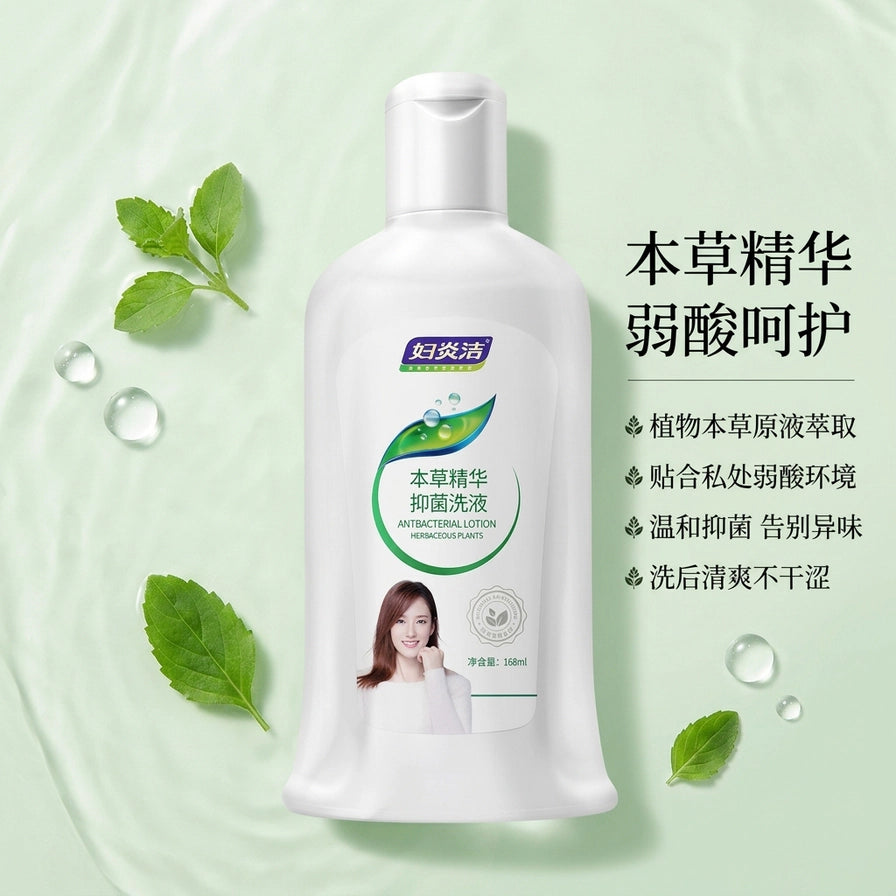 妇炎洁本草精华抑菌洗液，背景配有绿色植物叶片和水滴，右侧列出弱酸呵护、植物萃取等产品卖点。