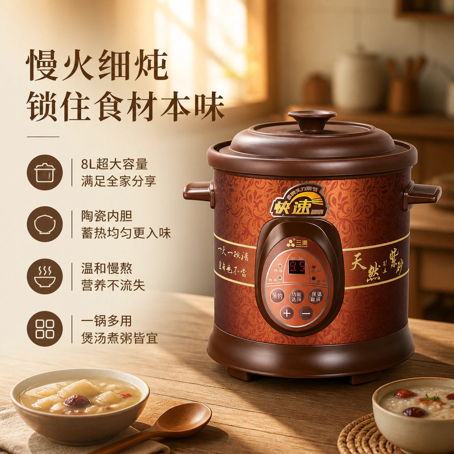 Galaxy 8L慢煮锅在厨房环境中的展示，左侧配有慢火细炖、8L大容量、陶瓷内胆等卖点文字说明。