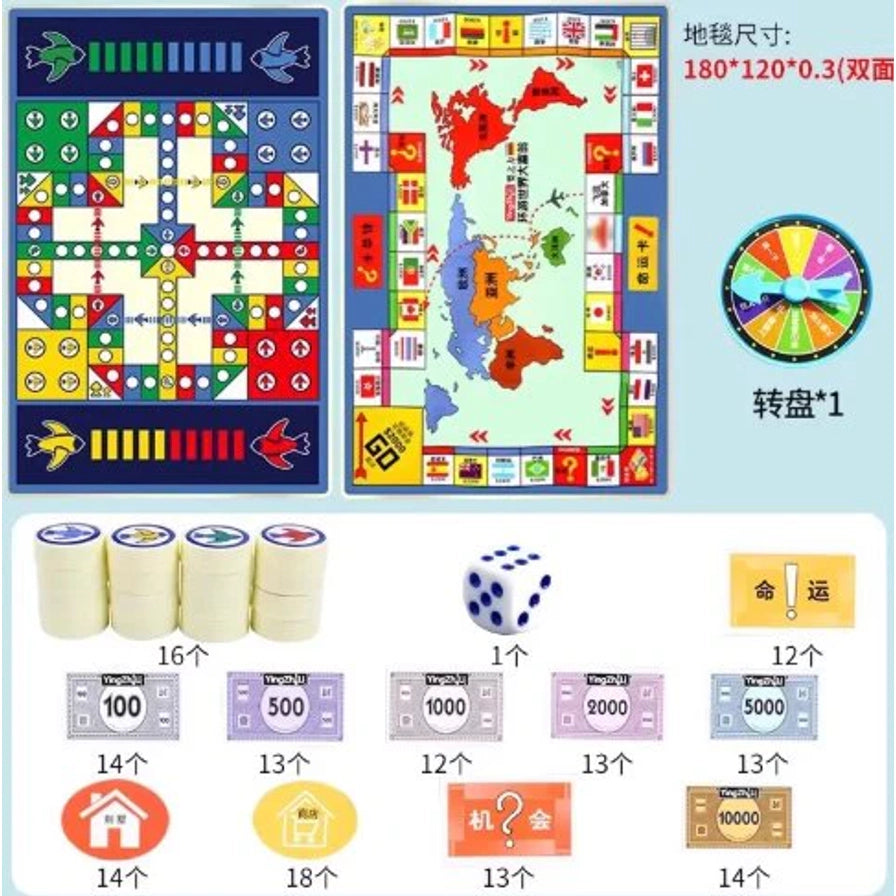 双面桌游套装内容展示，包含两张棋盘、转盘、骰子、大号棋子、纸币和命运卡牌等配件。