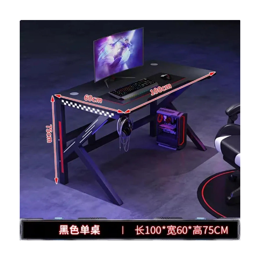 黑色电竞桌尺寸标注图，显示长100cm、宽60cm、高75cm，桌面上放置有显示器和键盘，下方配有电脑主机。