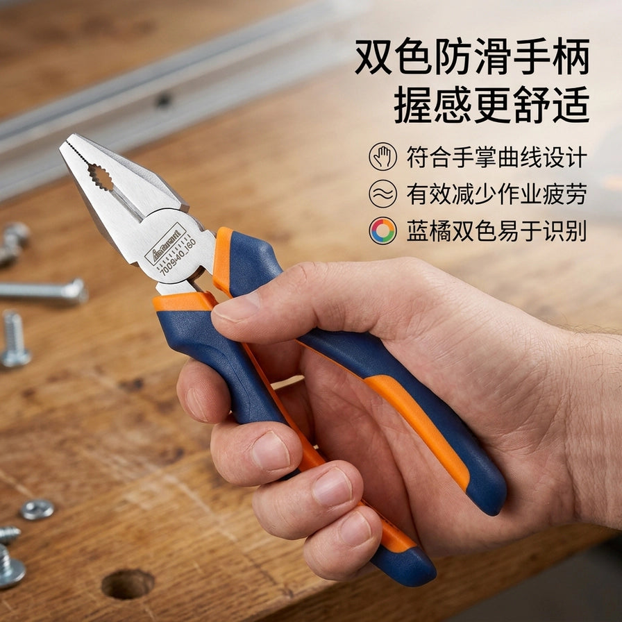 手持 Garant 钢丝钳的特写，展示人体工学手柄的握感，配有关于双色防滑手柄和减少疲劳的中文卖点说明。