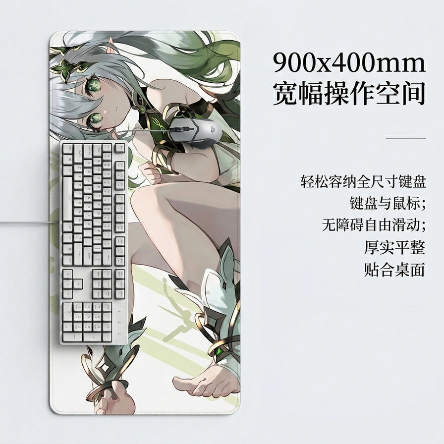 原神鼠标垫俯视图，展示900x400mm宽幅操作空间，可轻松容纳全尺寸键盘与鼠标。