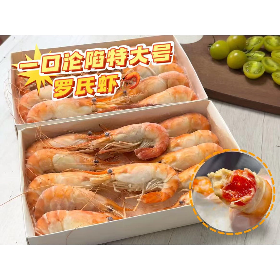 特大号罗氏大头虾商品海报，带有“一口沦陷特大号罗氏虾”文字，右下角圆圈展示饱满红亮的虾膏细节。
