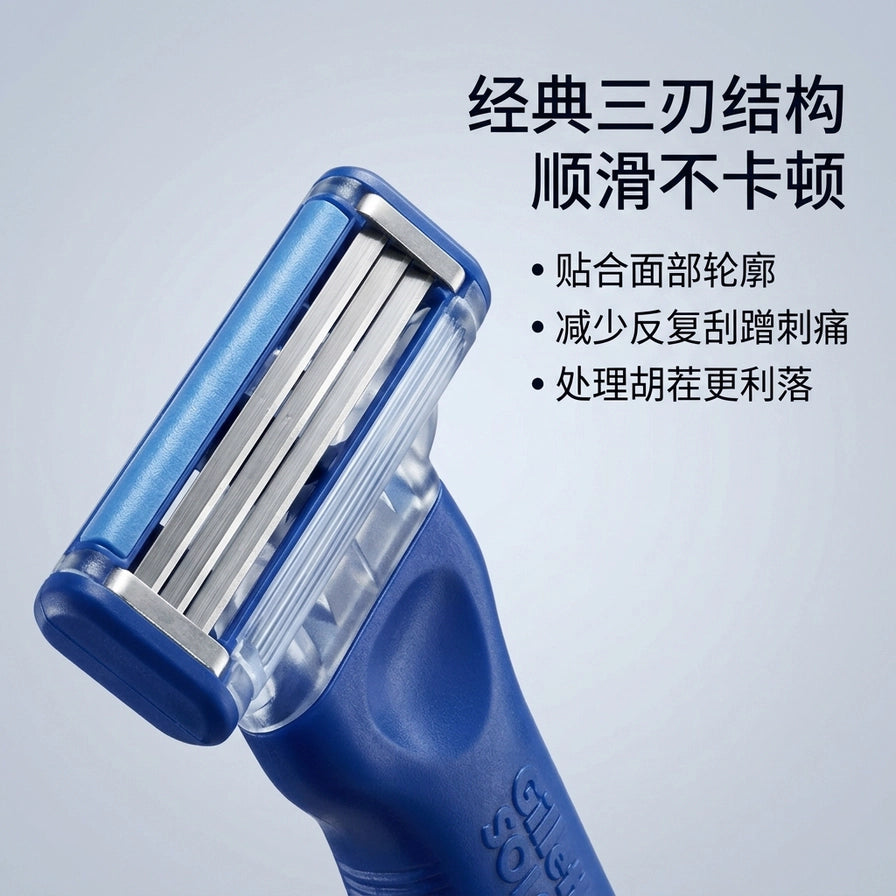 蓝色 Gillette Solo3 剃须刀刀头特写，展示三层刀片结构，右侧配有中文卖点文案“经典三刃结构 顺滑不卡顿”及产品特性列表。