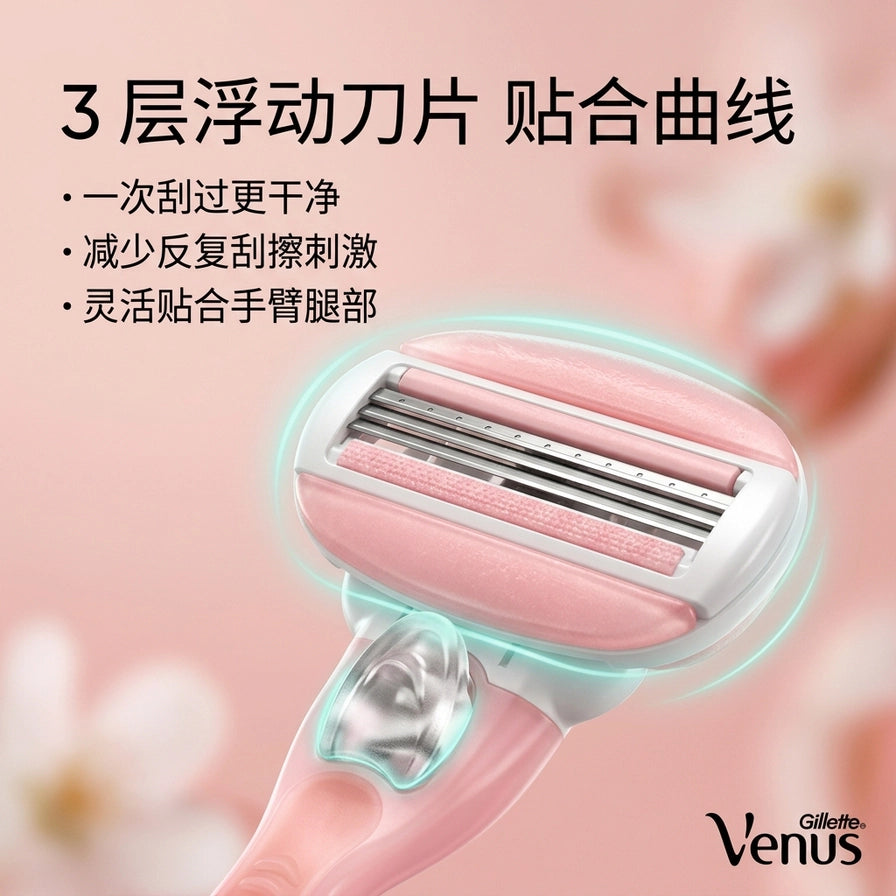 吉列维纳斯剃毛刀刀头特写，展示三层浮动刀片结构及中文卖点说明