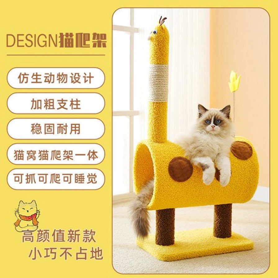黄色信息图风格展示长颈鹿猫爬架，左侧有功能说明文字，右侧为猫咪使用场景。
