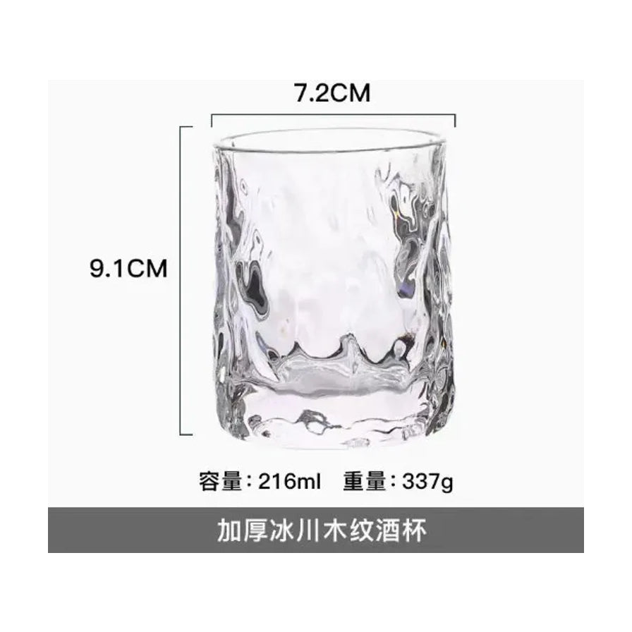 加厚冰川木纹玻璃杯的尺寸标注图，显示高度9.1cm，直径7.2cm，容量216ml及重量337g。