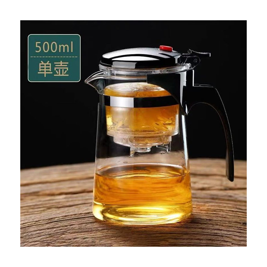 500ml容量茶水分离飘逸杯，展示一键出汤功能，左上角标有500ml单壶字样。
