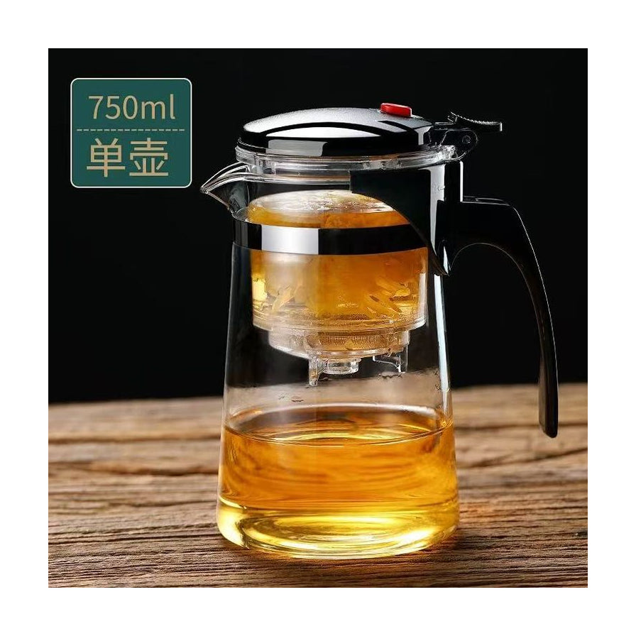 750ml大容量茶水分离飘逸杯，放置在木质桌面上，左上角标有750ml单壶字样。