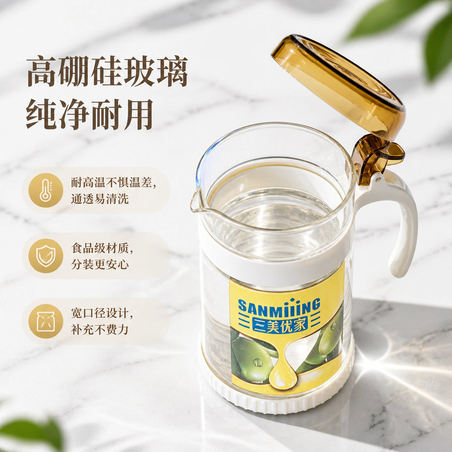 三美优家玻璃油壶细节展示，盖子呈开启状态，左侧配有高硼硅玻璃、食品级材质、宽口径设计的中文卖点说明。