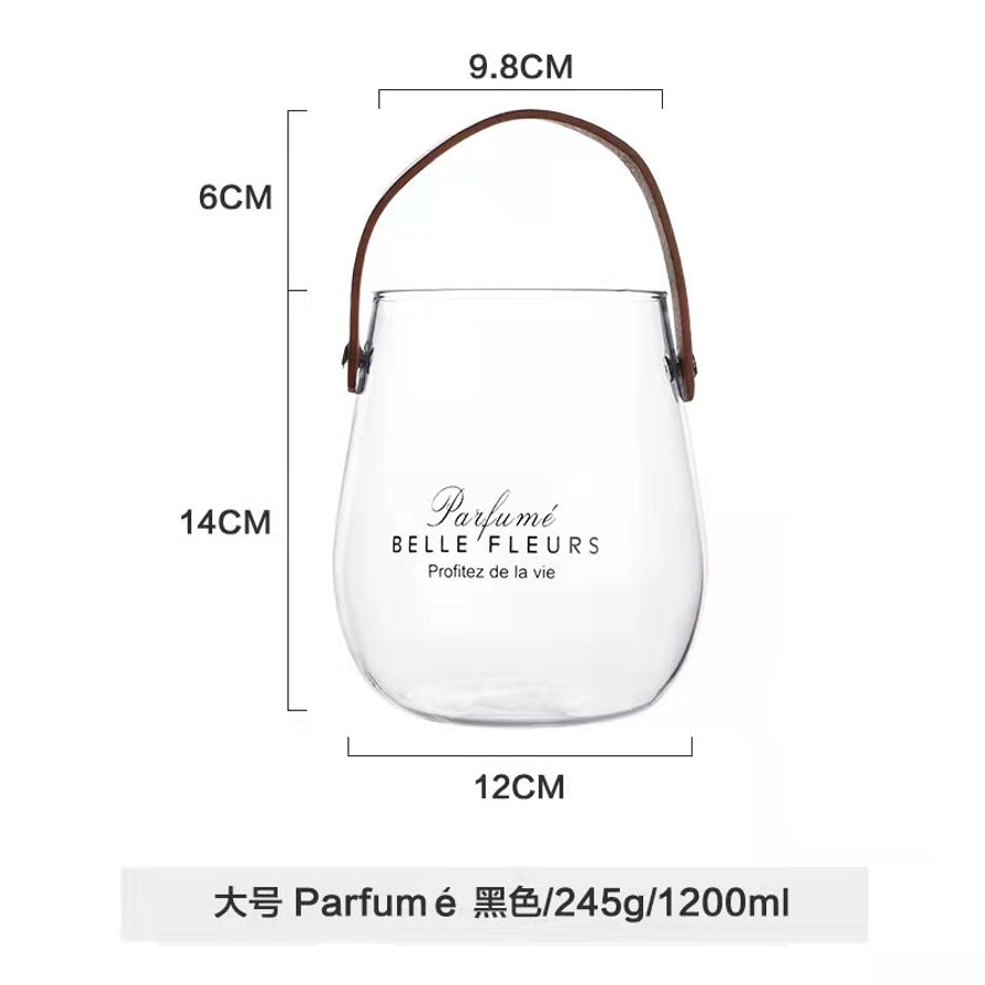 日式手提玻璃花瓶尺寸标注图，显示瓶高14cm，底部直径12cm，带提手总高20cm，容量1200ml。