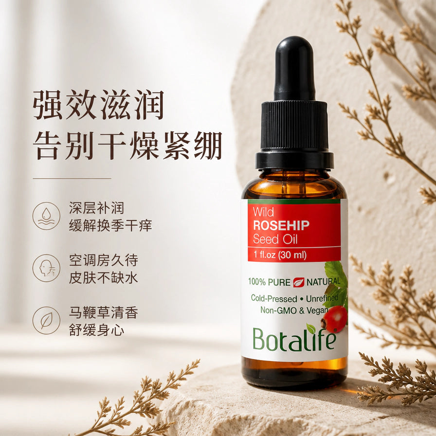 Glimlife 润肤油放置在石质台面上，背景有干花装饰，左侧配有中文卖点文字：强效滋润、告别干燥紧绷、深层补水、马鞭草清香。
