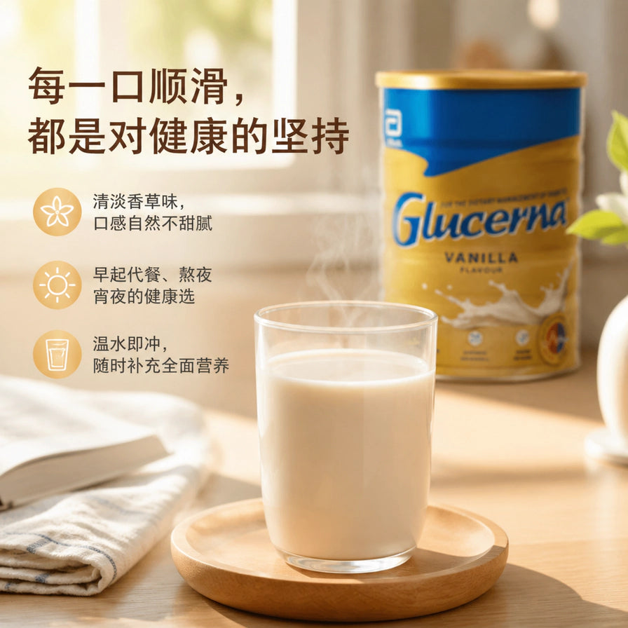 温馨居家背景下的一杯冲调好的 Glucerna 营养奶，背景可见产品罐身，配有关于口感与使用场景的中文描述。