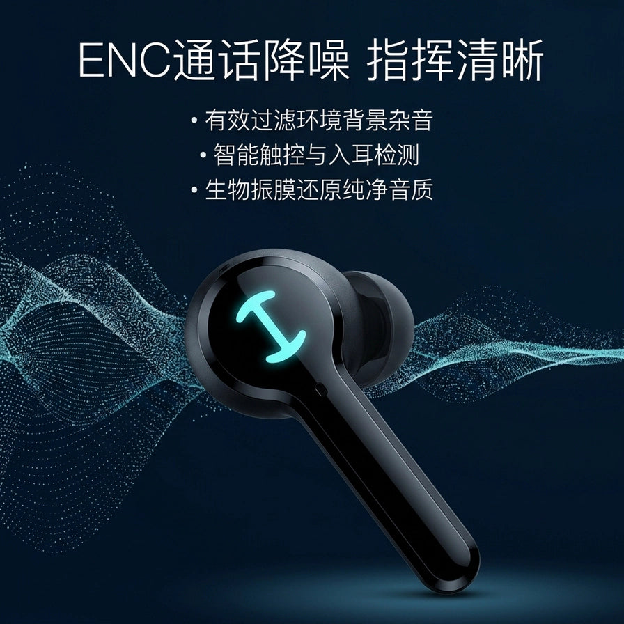 GMG TWS 手游耳机单耳特写，展示ENC通话降噪与生物振膜卖点。