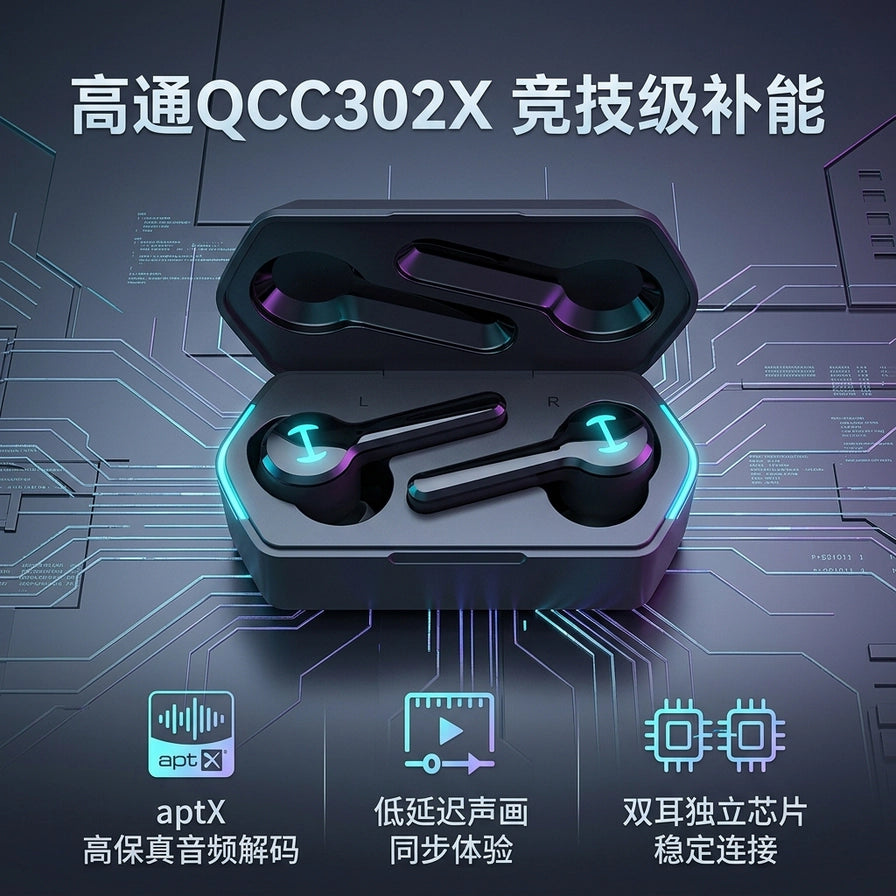 GMG TWS 手游耳机卖点图，展示高通QCC302X芯片、aptX解码及低延迟特性。