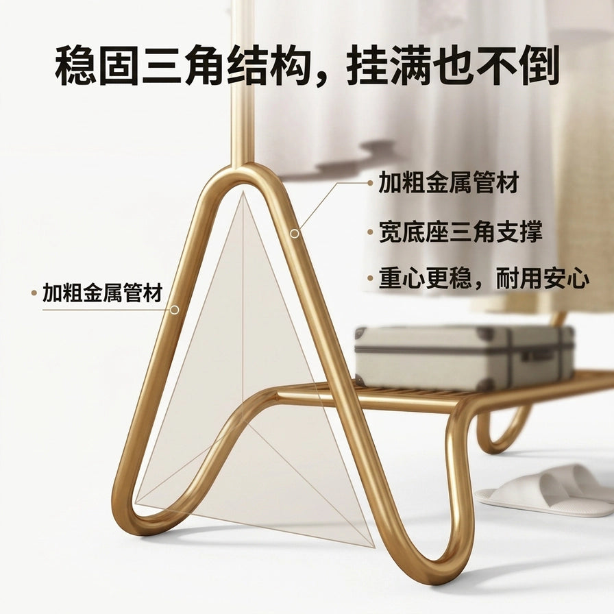 金色衣帽架底座特写，展示稳固三角支撑结构。图片包含中文标注，说明加粗金属管材和宽底座设计。
